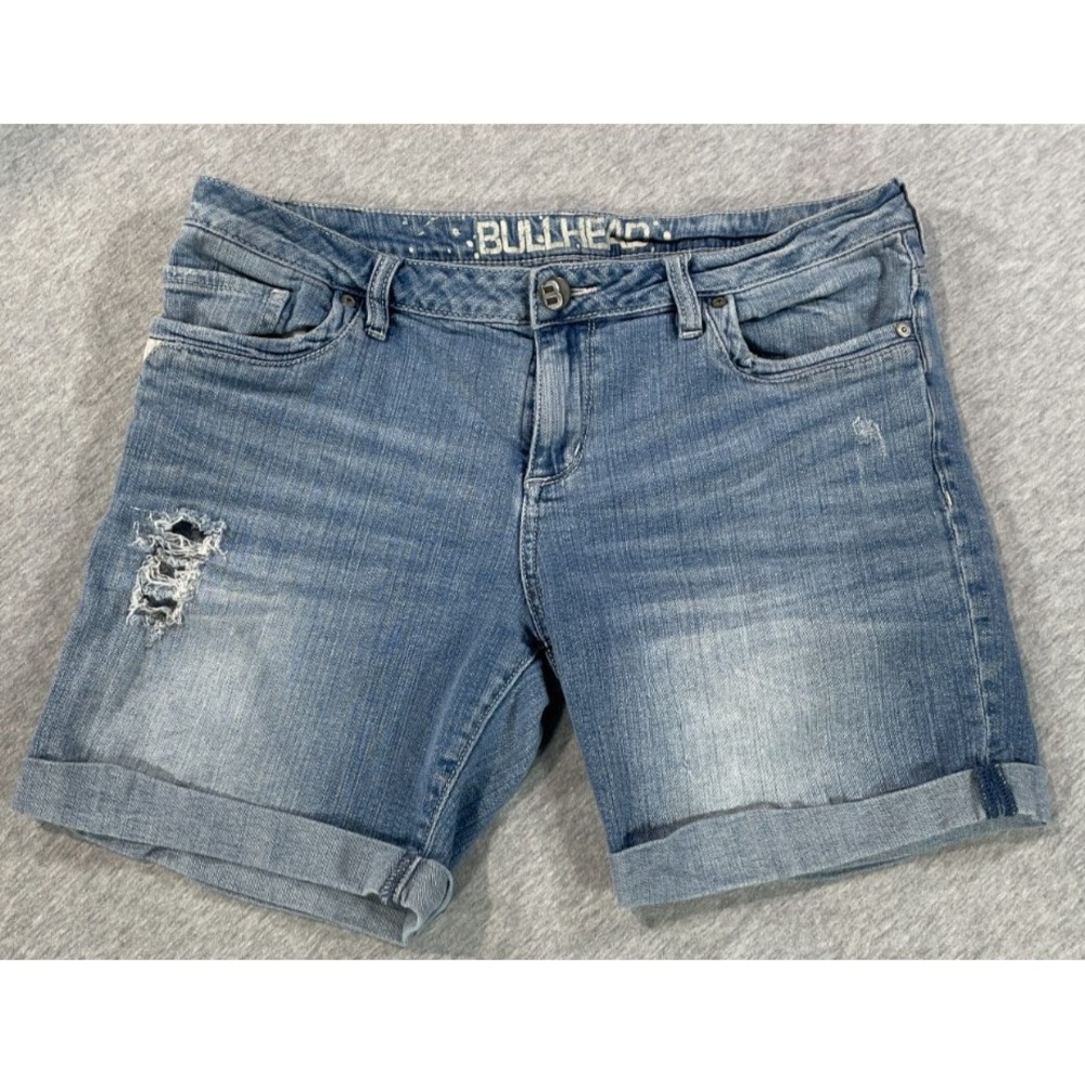 Bullhead Shorts Womens 9 Blue Whiskered Denim Logo Stretch Distressed Cuffed Hem